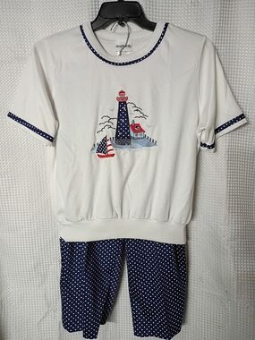 Vintage BonWorth Womens White & Navy Lighthouse Shirt And Capris Set